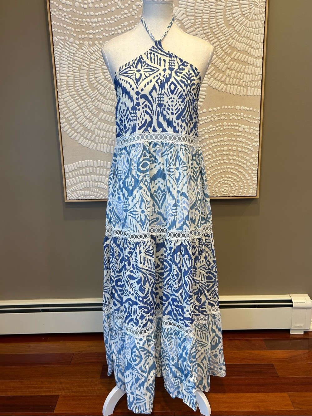 Anthropologie Palmacea Capela Blue & White Halter Tiered Maxi Dress Size M NWT